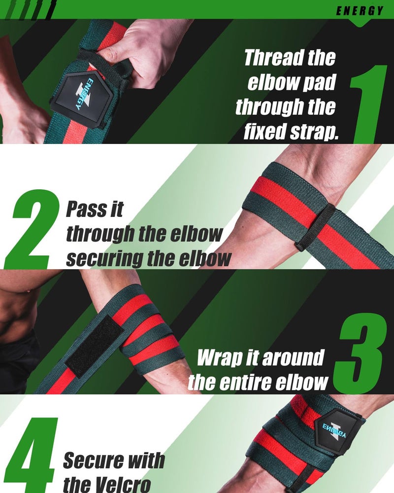 kcross Elbow Wraps for Weightlifting, 47" Strengthening support Elbow Sleeve Weightlifting (1 Pair) for Powerlifting, Bench Press, Gym Workout (Red Green Striped) - Image 5
